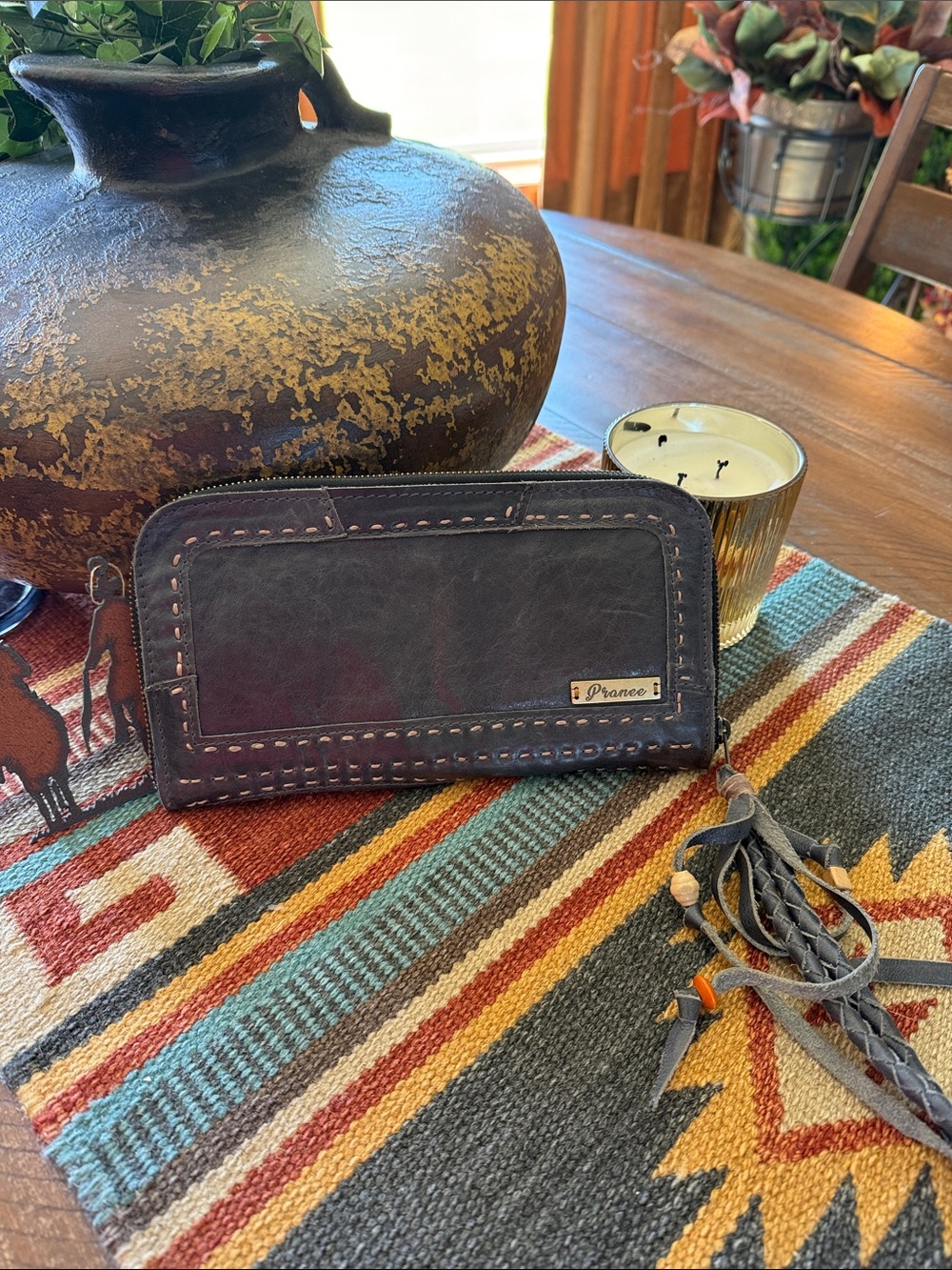 Grey Leather Zip Wallet with Tassel